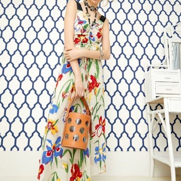 $898 TORY BURCH NWT RUNWAY Authentic Chiffon Iris Blue Cream Red Floral Dress 4 - Picture 5 of 15